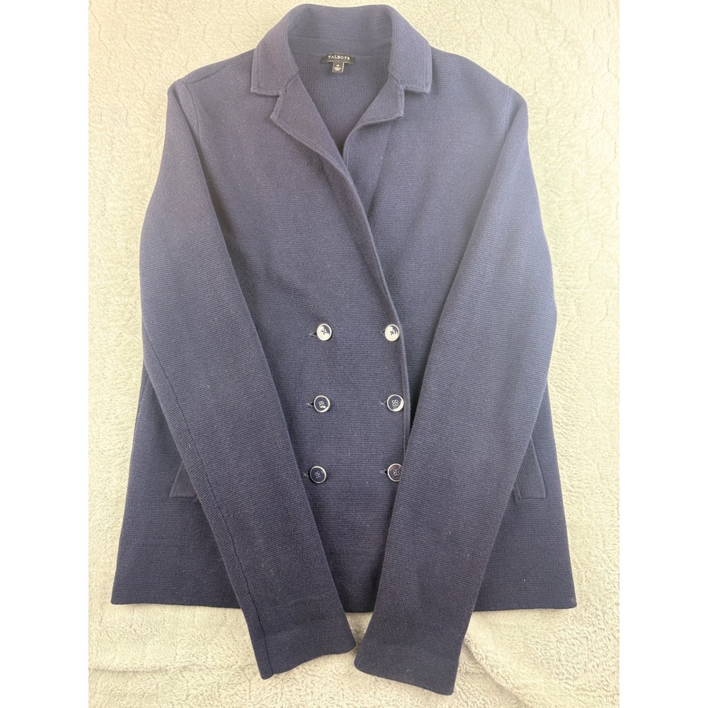 Talbots Womens Blue Double Breasted Knit‎ Blazer Jacket - Classic Style